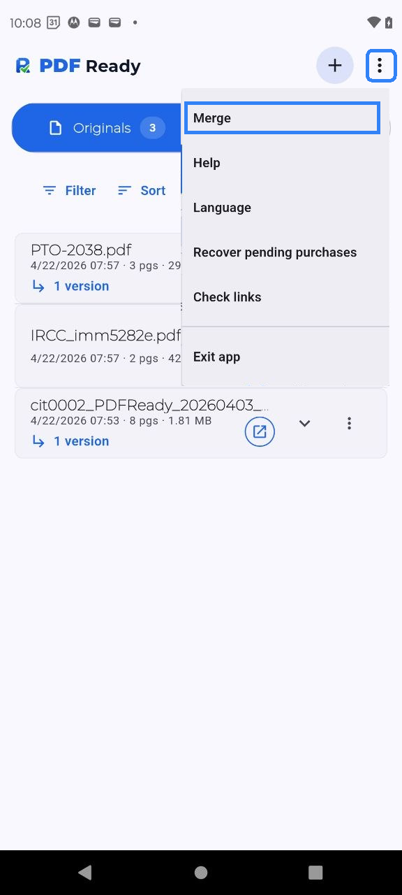Full PDF Ready Originals screen with the app overflow menu open and Merge highlighted before starting the merge or split flow