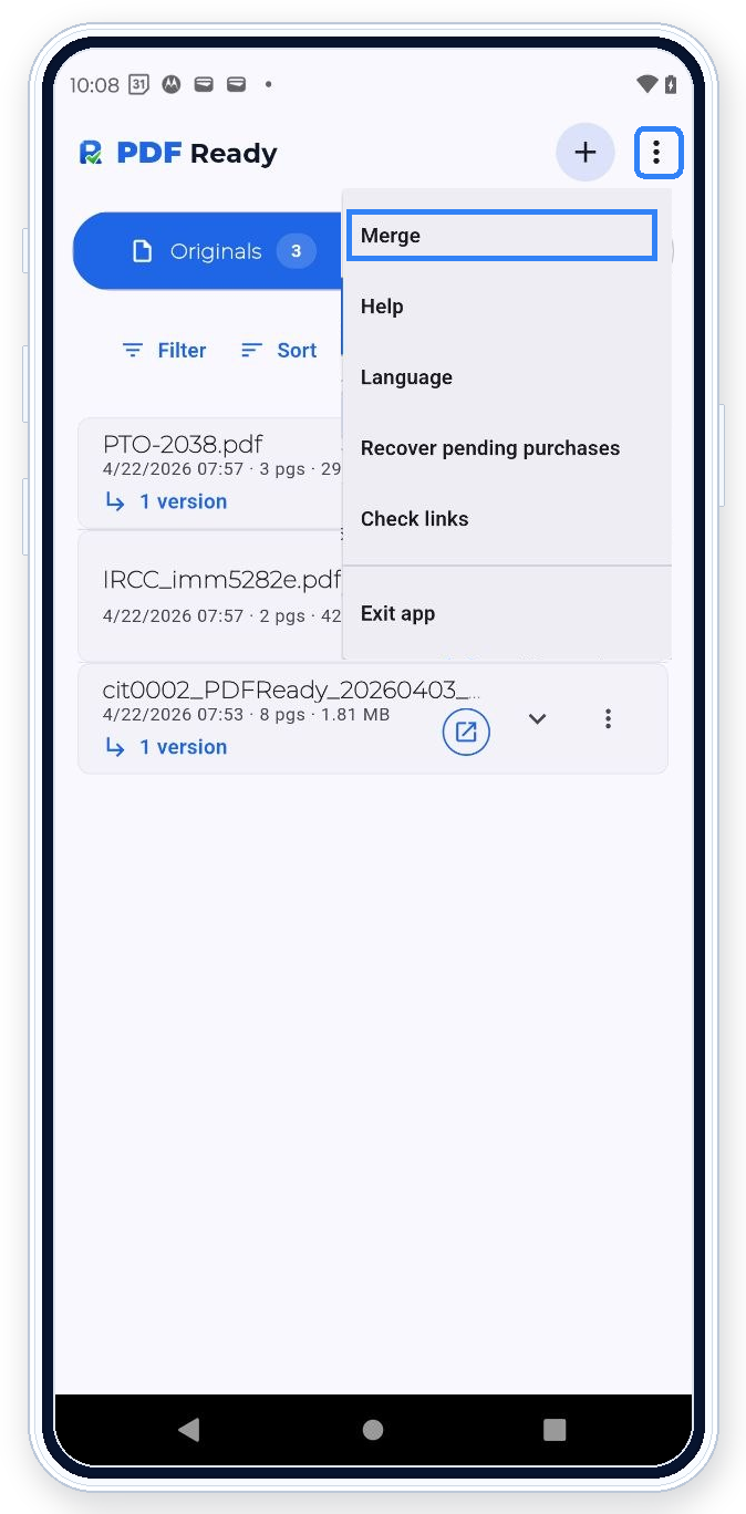 Full PDF Ready Originals screen with the app overflow menu open and Merge highlighted before starting the merge or split flow