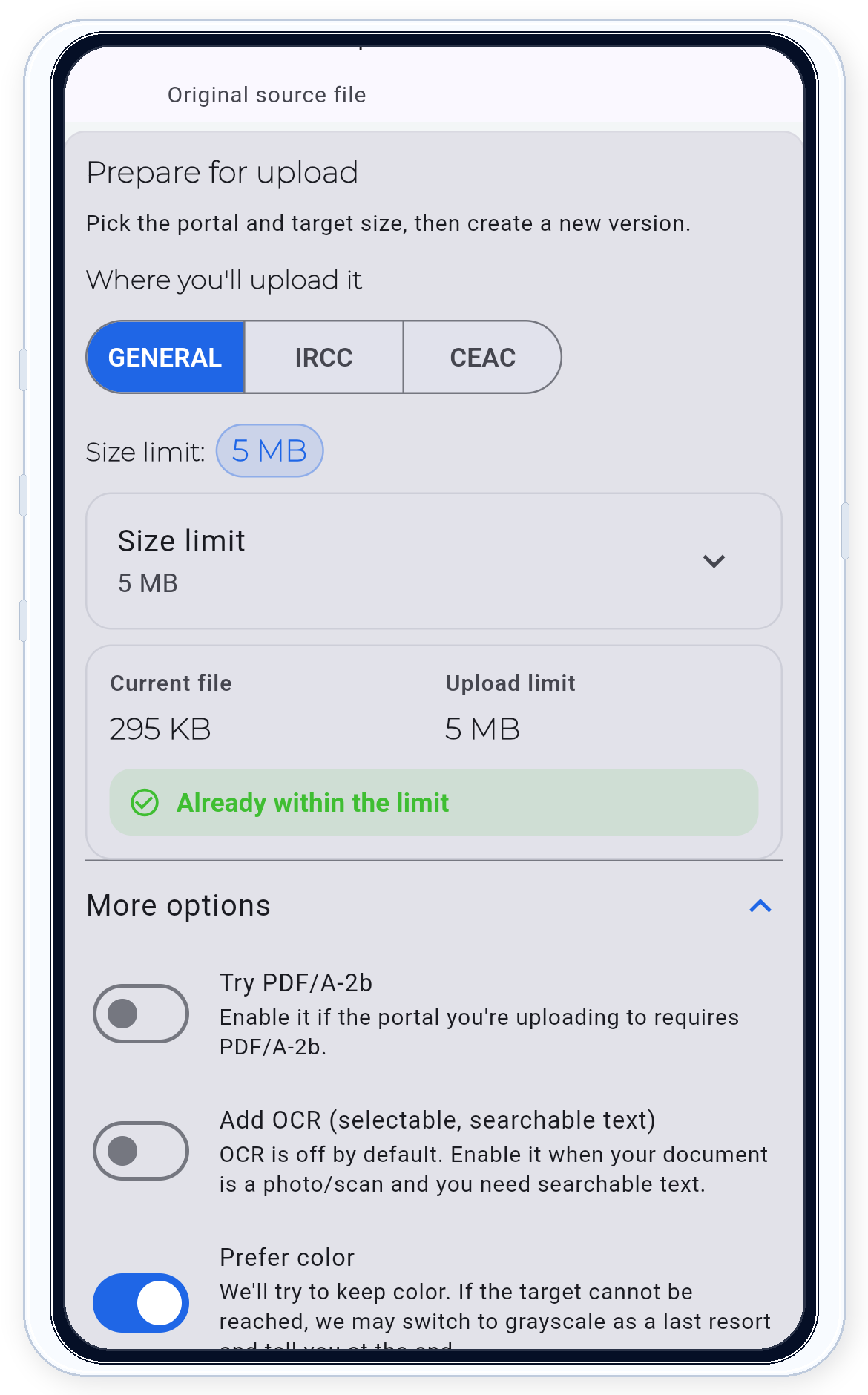 PDF Ready mobile screenshot with GENERAL active, Size limit first, and the expanded More options section showing the three main Prepare toggles