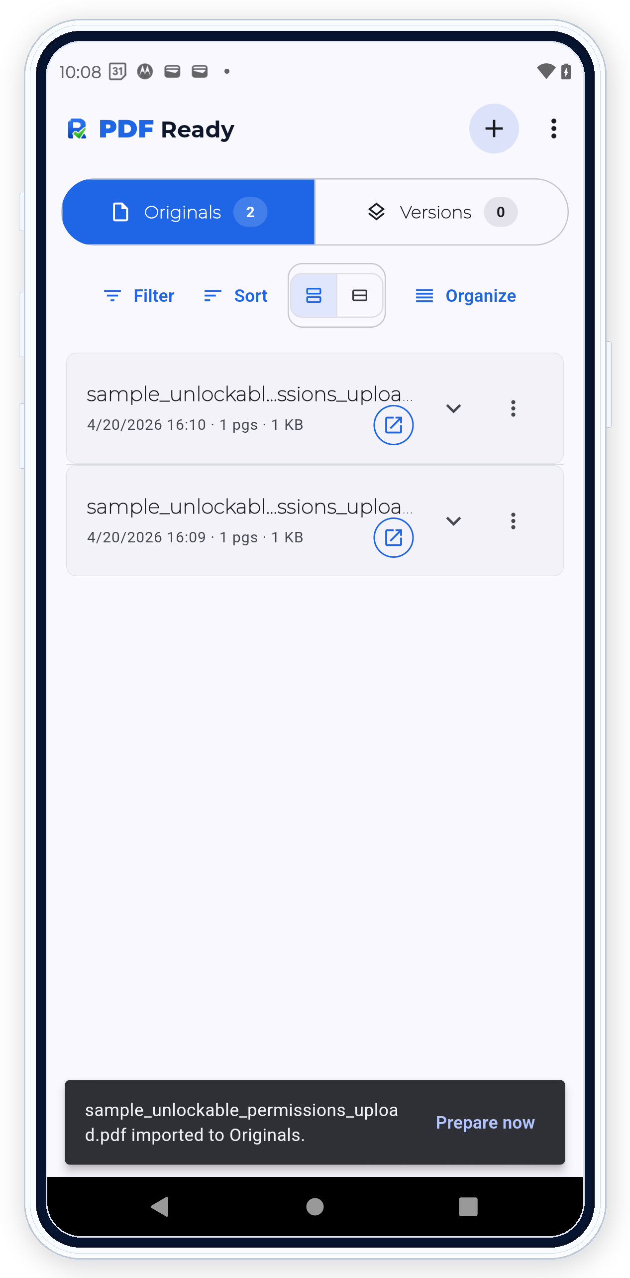 PDF Ready showing the Imported to Originals confirmation after a PDF arrives from another app