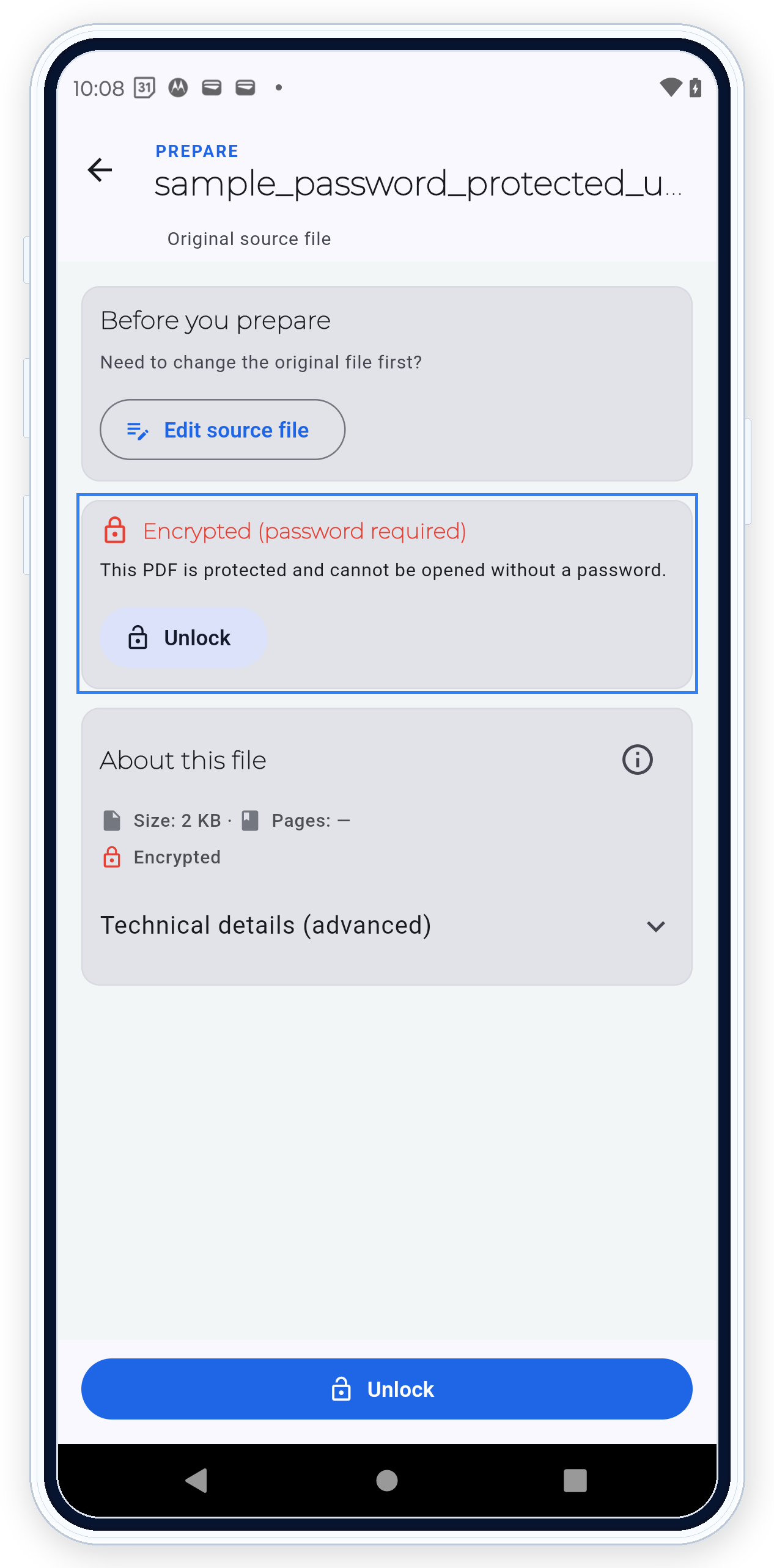 PDF Ready warning for a password-protected PDF that requires Unlock before processing