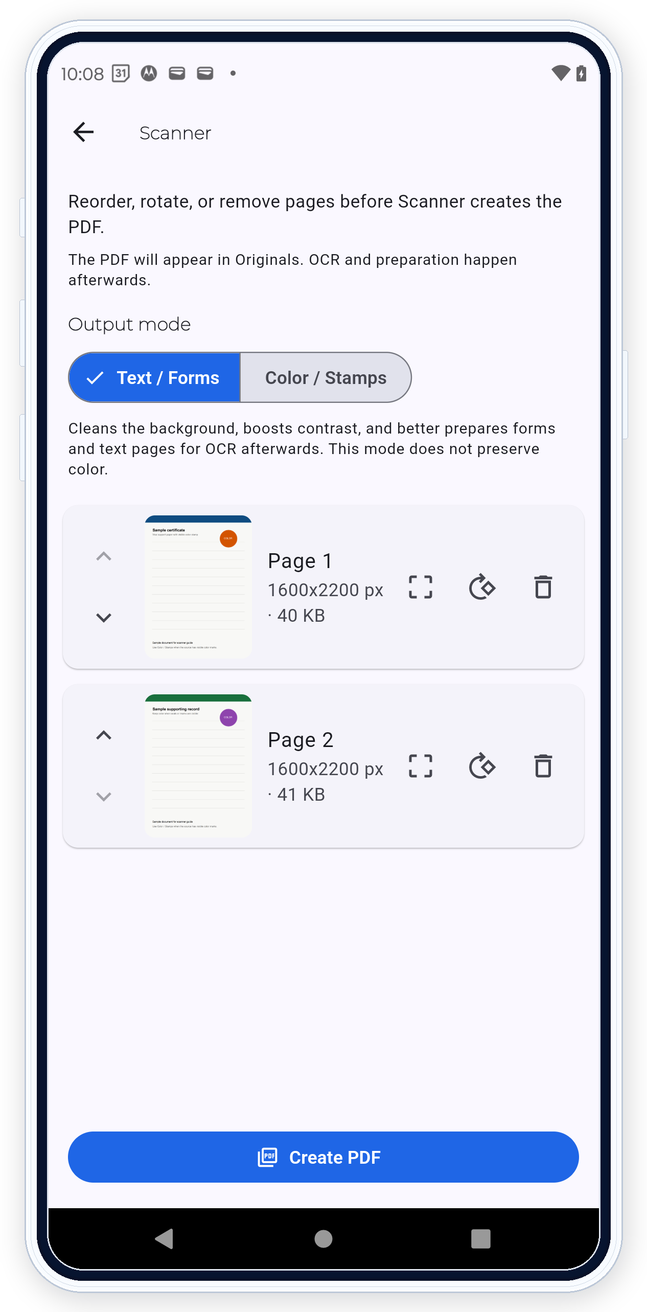 Scanner review screen with page thumbnails before PDF creation