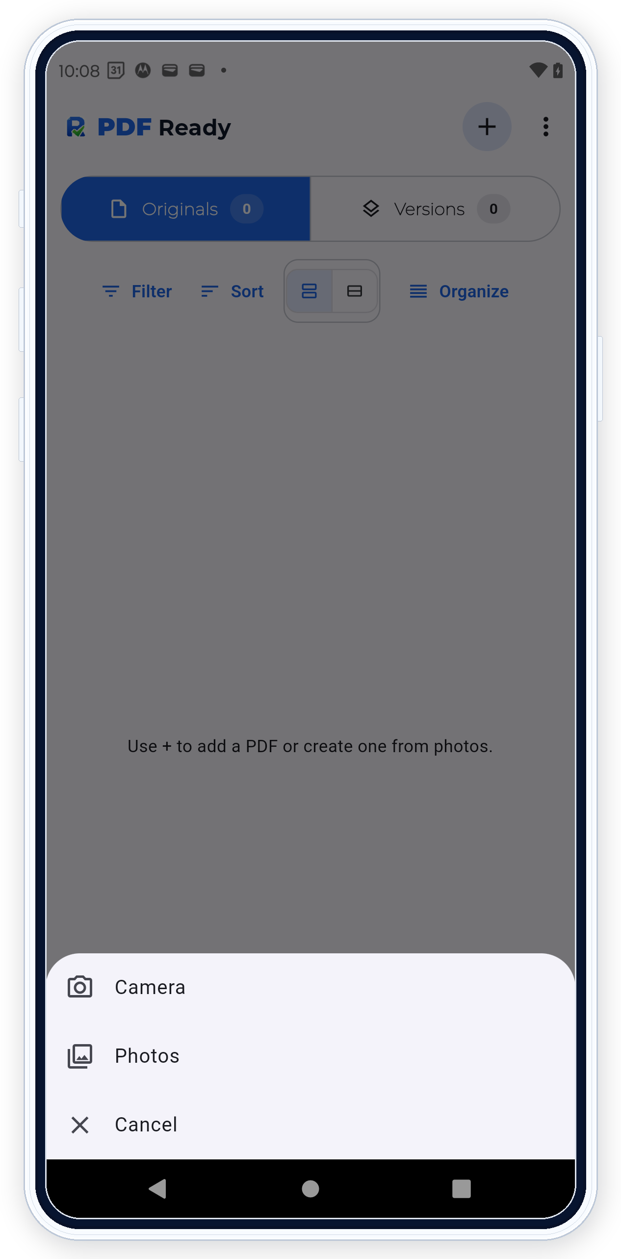 PDF Ready scanner source chooser with Camera, Photos, and Cancel