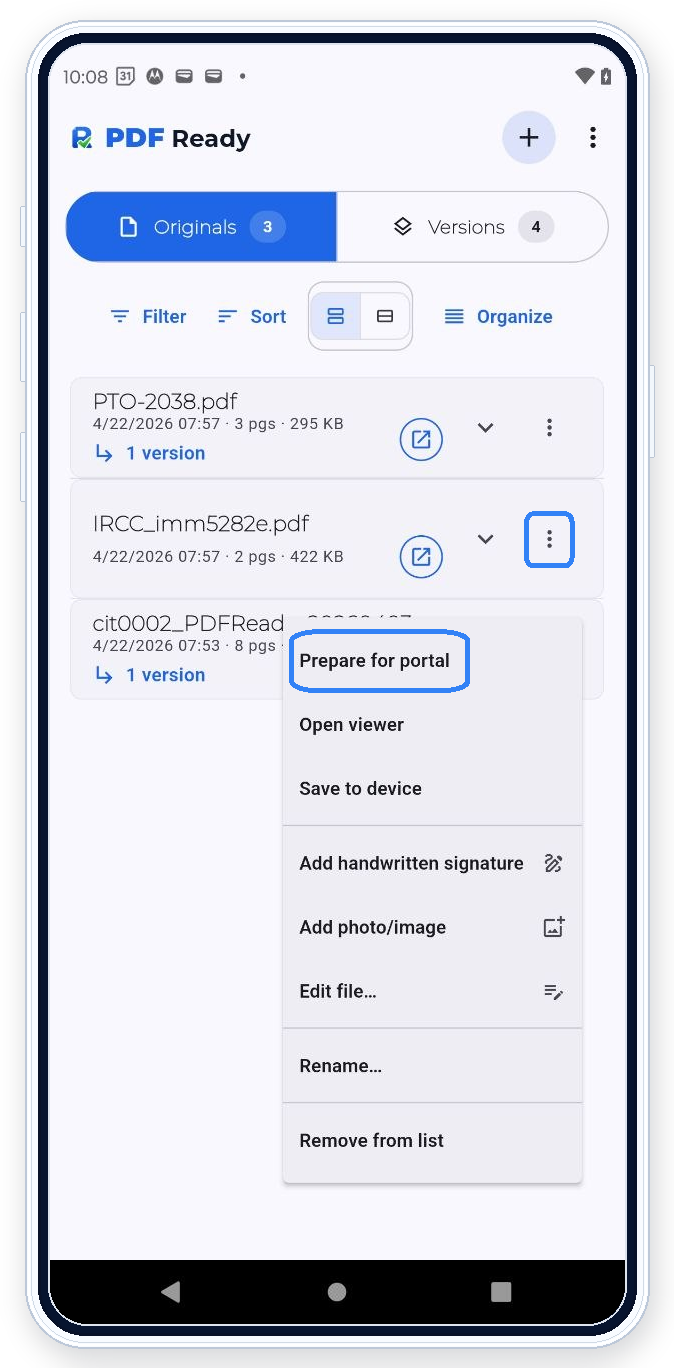 Full PDF Ready Originals screen with the current file row menu open and Prepare for portal highlighted