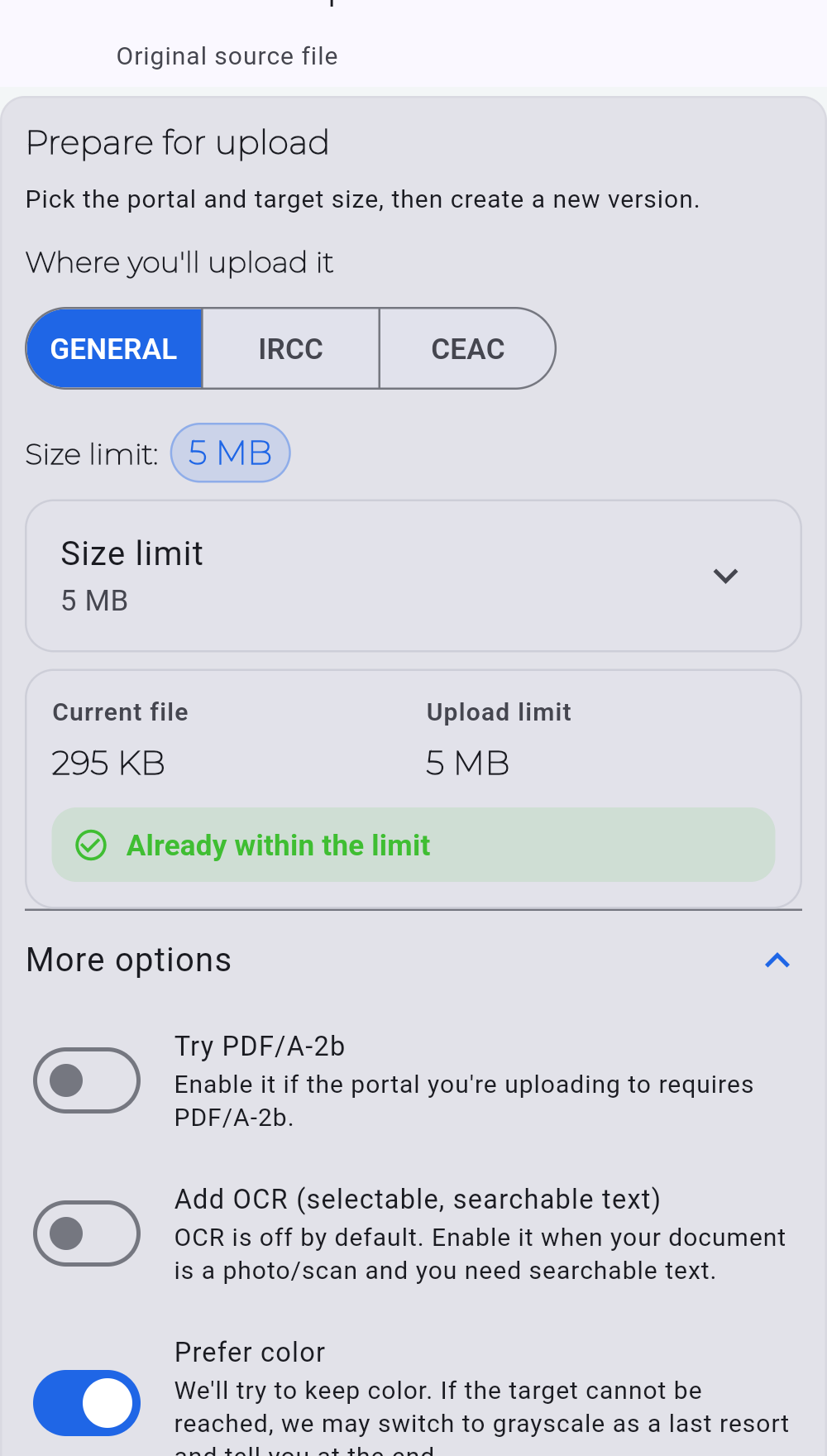 PDF Ready mobile screenshot with GENERAL active, Size limit first, and the expanded More options section showing the three main Prepare toggles