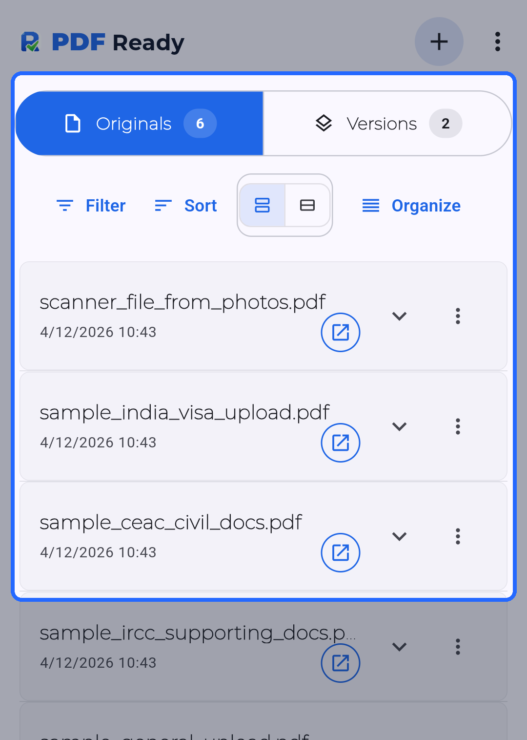 PDF Ready app screen with Originals highlighted as the place where the starting files stay visible