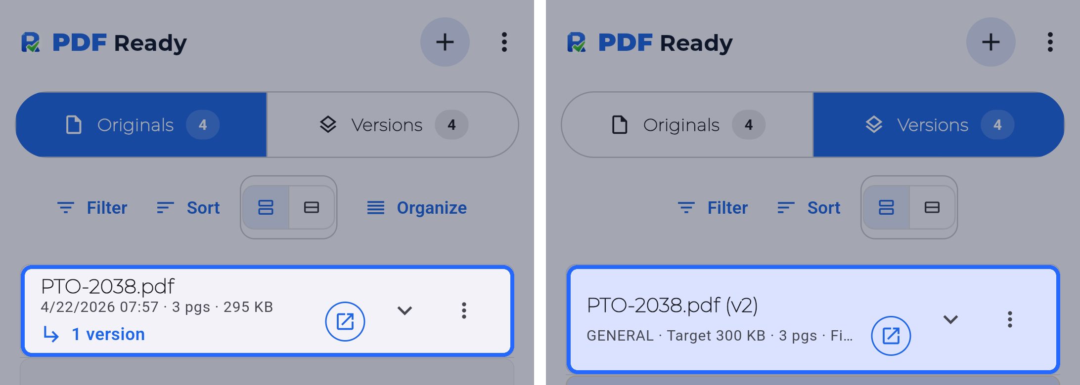 PDF Ready comparison showing Originals on the left for starting files and Versions on the right for generated results
