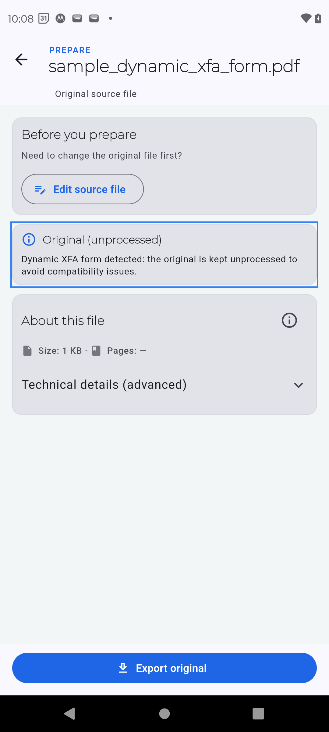 PDF Ready safe-mode screen for a dynamic XFA file that should remain untouched