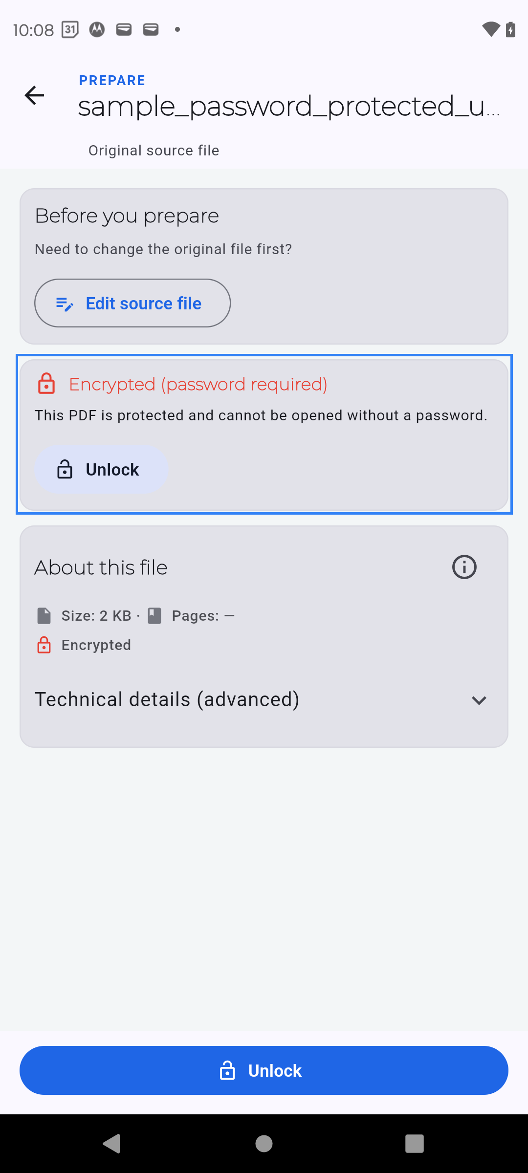PDF Ready warning for a password-protected PDF that requires Unlock before processing