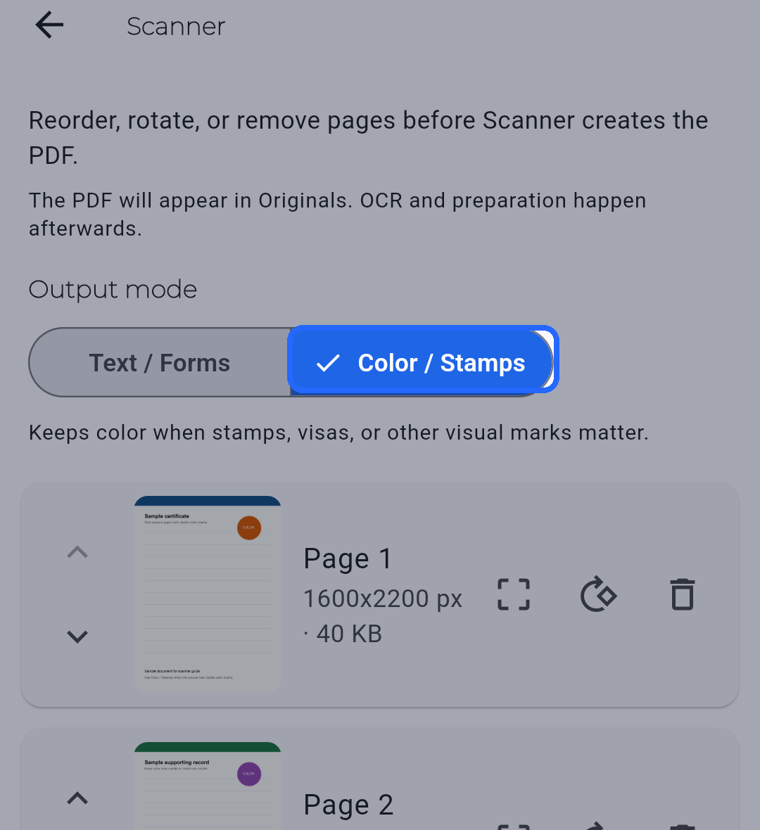 Scanner review screen with the active Color / Stamps output mode highlighted