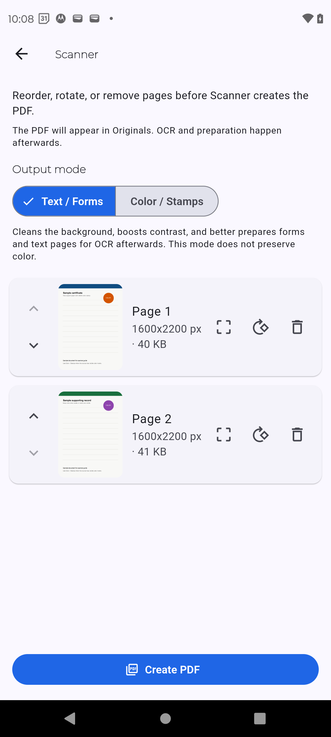 Scanner review screen with page thumbnails before PDF creation