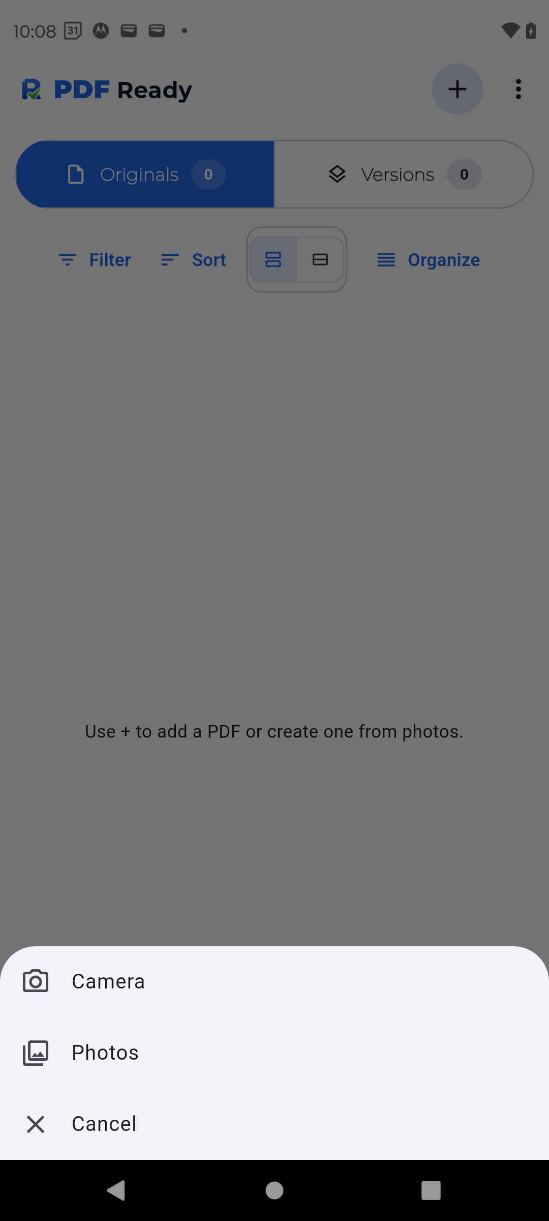 PDF Ready scanner source chooser with Camera, Photos, and Cancel