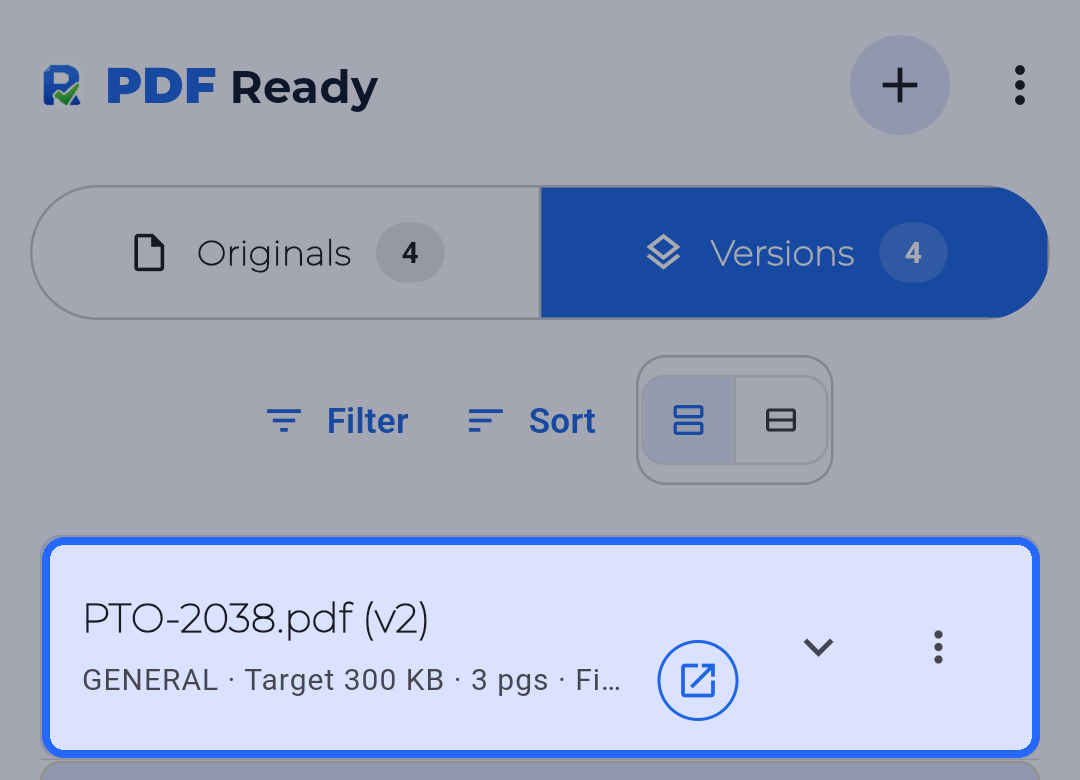 PDF Ready app screen with Versions highlighted as the place where prepared results appear for review