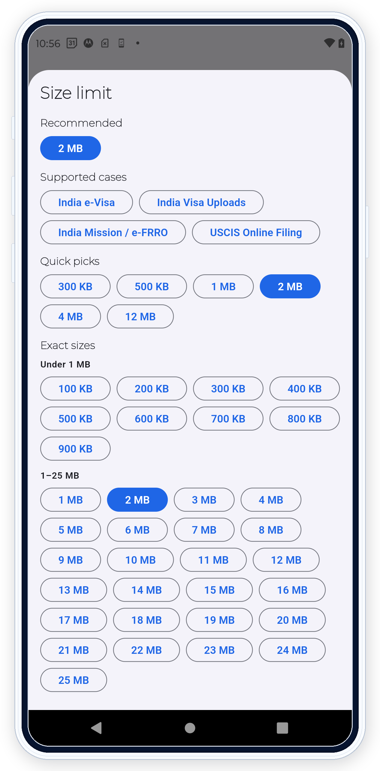 PDF Ready size target selector with recommended cases and exact sizes