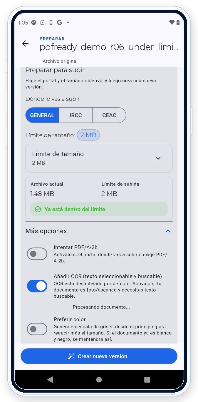 Pantalla Preparar de PDF Ready con Más opciones desplegado y Añadir OCR activado