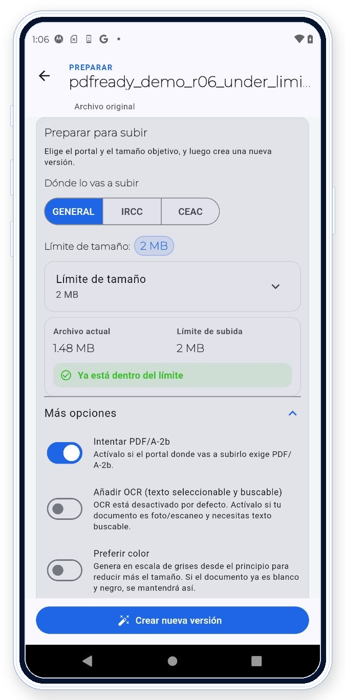 Pantalla Preparar de PDF Ready con Más opciones desplegado e Intentar PDF/A-2b activado