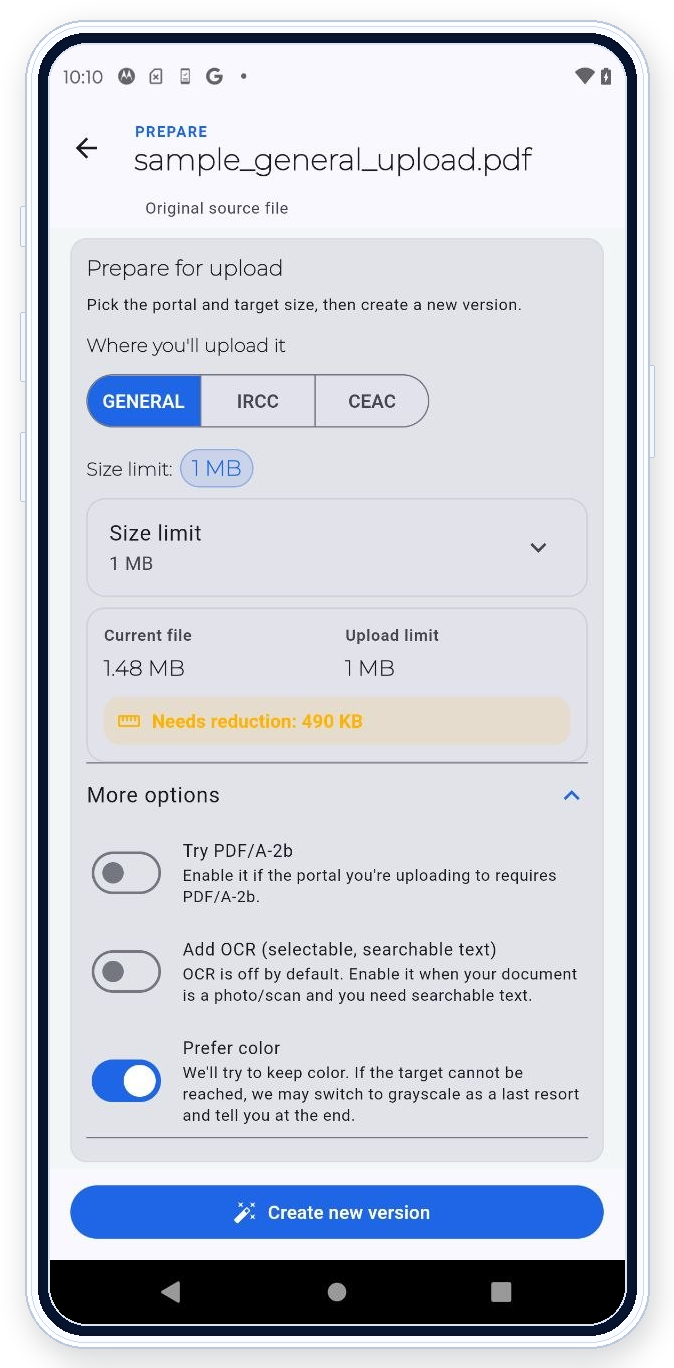 PDF Ready Android Prepare screen with target size and preparation options