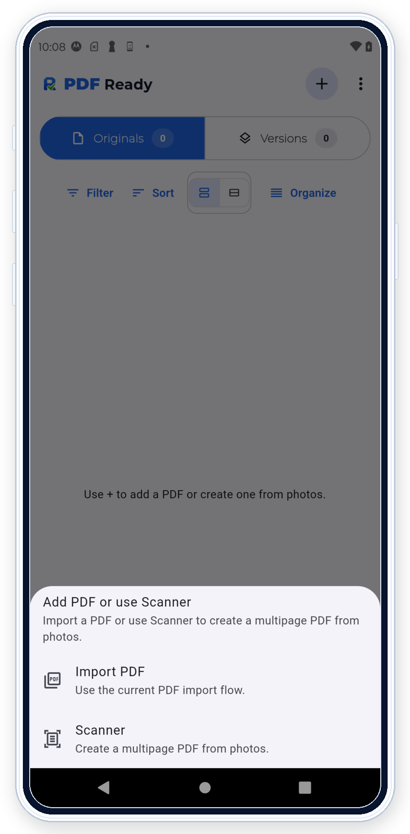 PDF Ready Android add document menu for importing a PDF or creating one from photos
