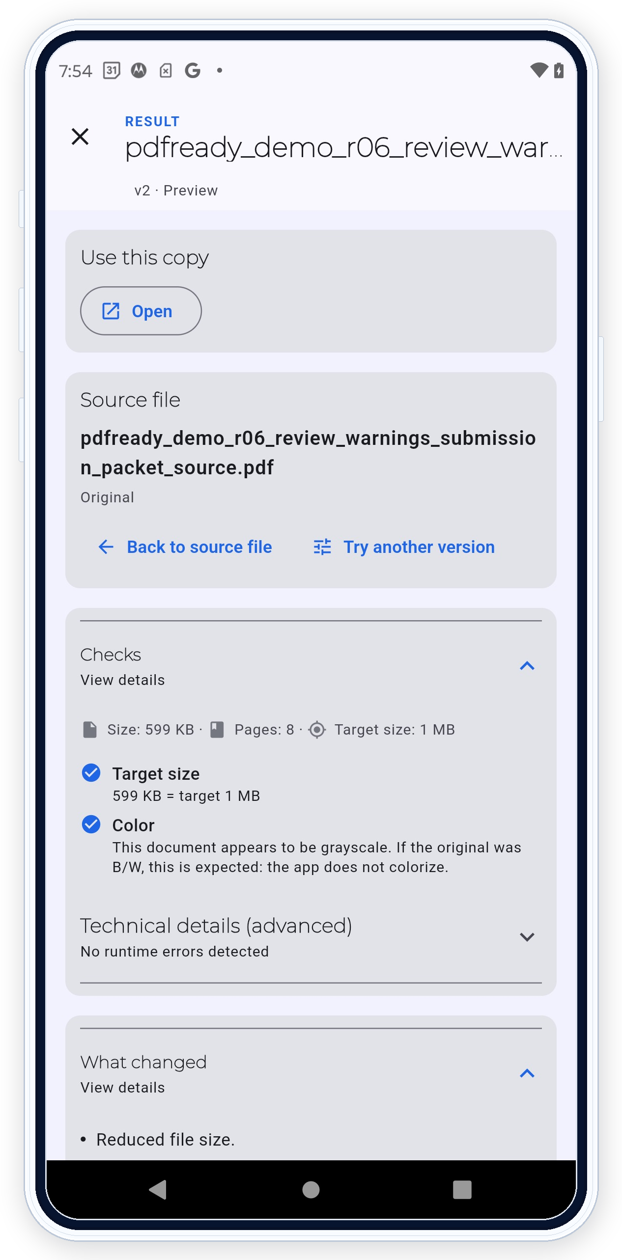 PDF Ready Android version detail screen showing applied checks and export state