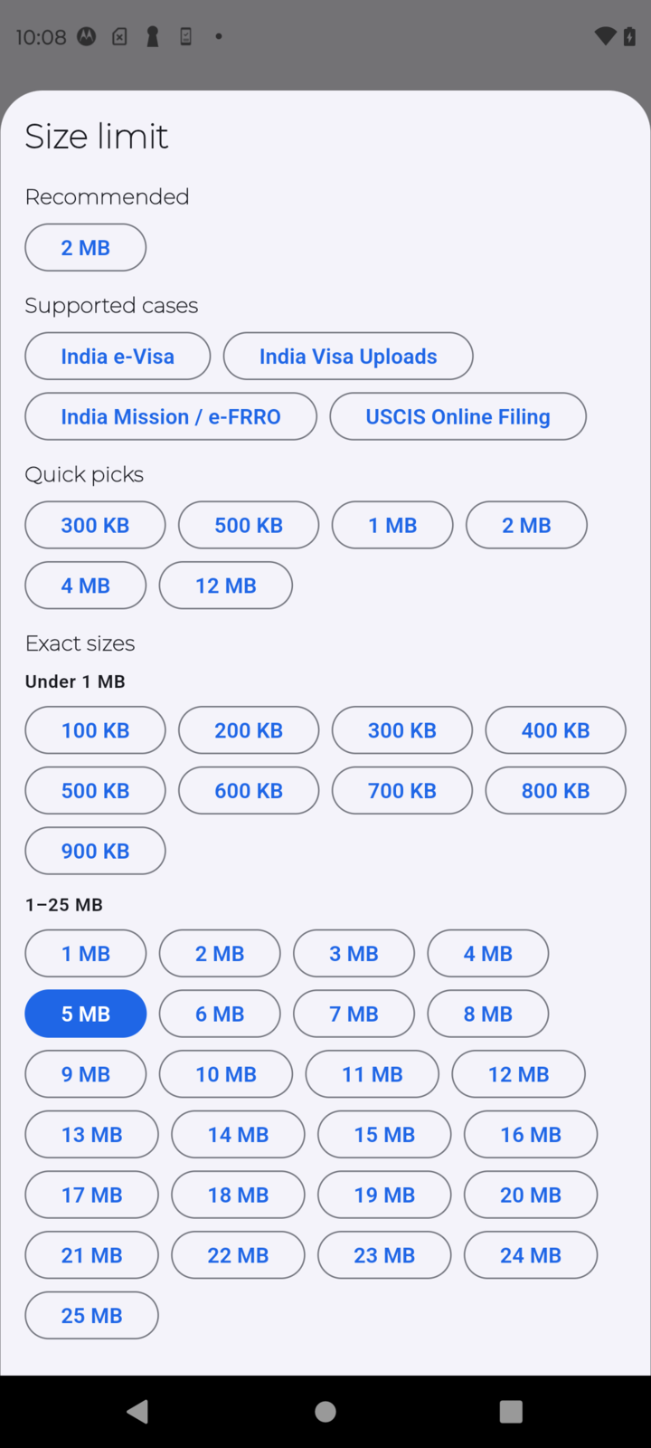 PDF Ready exact-size selector showing quick picks and the full Exact sizes list without cropped labels