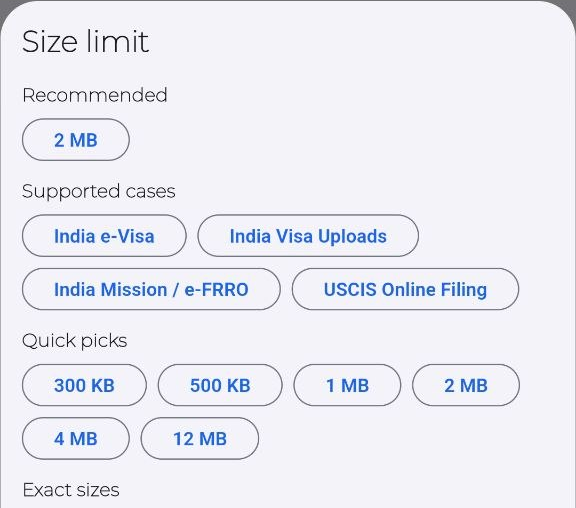 PDF Ready exact-size selector on Android showing the full exact-size picker including 12 MB for larger upload limits
