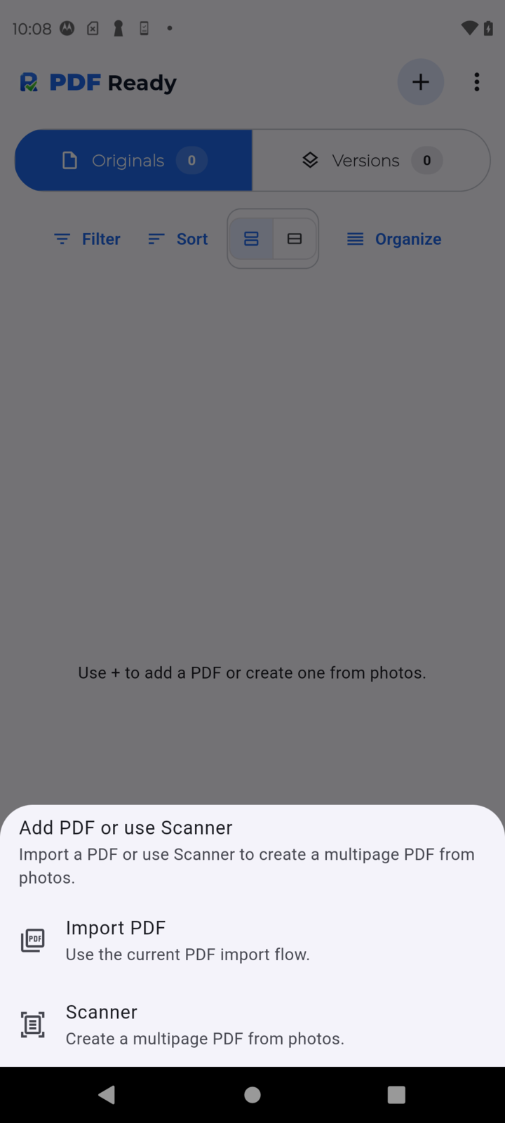 PDF Ready import menu on Android with options to import a PDF or use Scanner