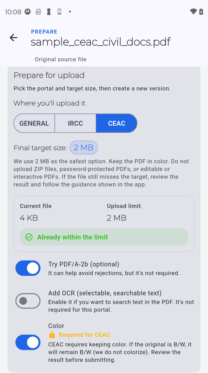 PDF Ready CEAC screen on Android with a conservative 2 MB target and contextual compatibility options