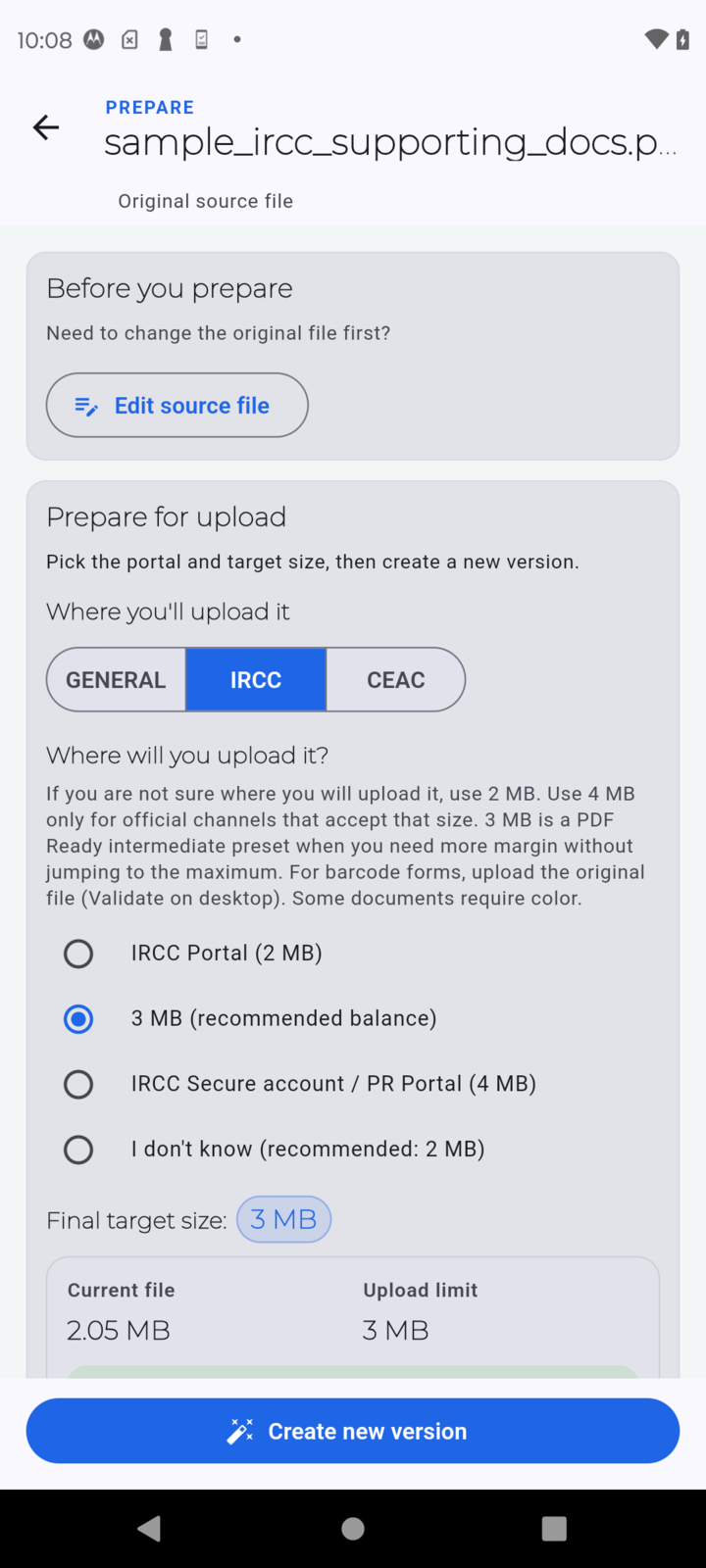 PDF Ready IRCC screen on Android showing 2 MB, 3 MB, and 4 MB choices before preparing a result
