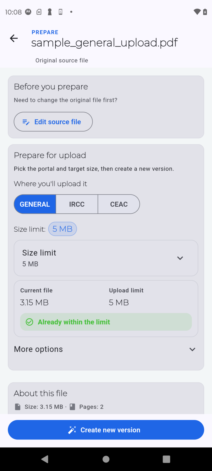 PDF Ready prepare screen showing GENERAL, IRCC, and CEAC on the same screen before creating a new version