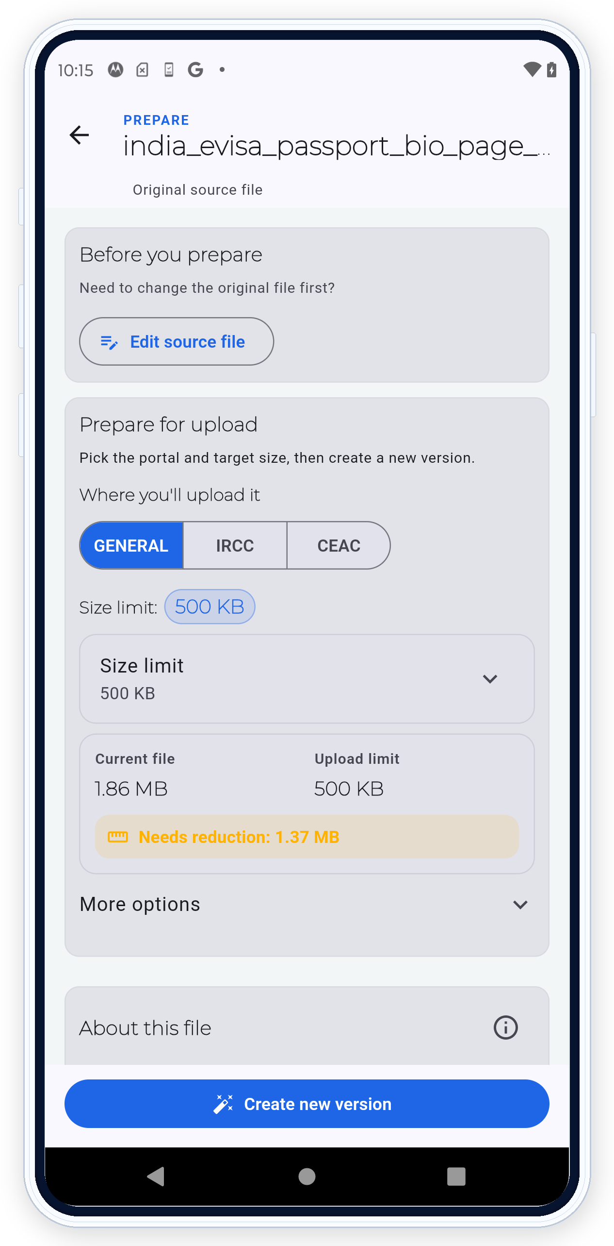 PDF Ready Prepare screen with GENERAL and 500 KB selected